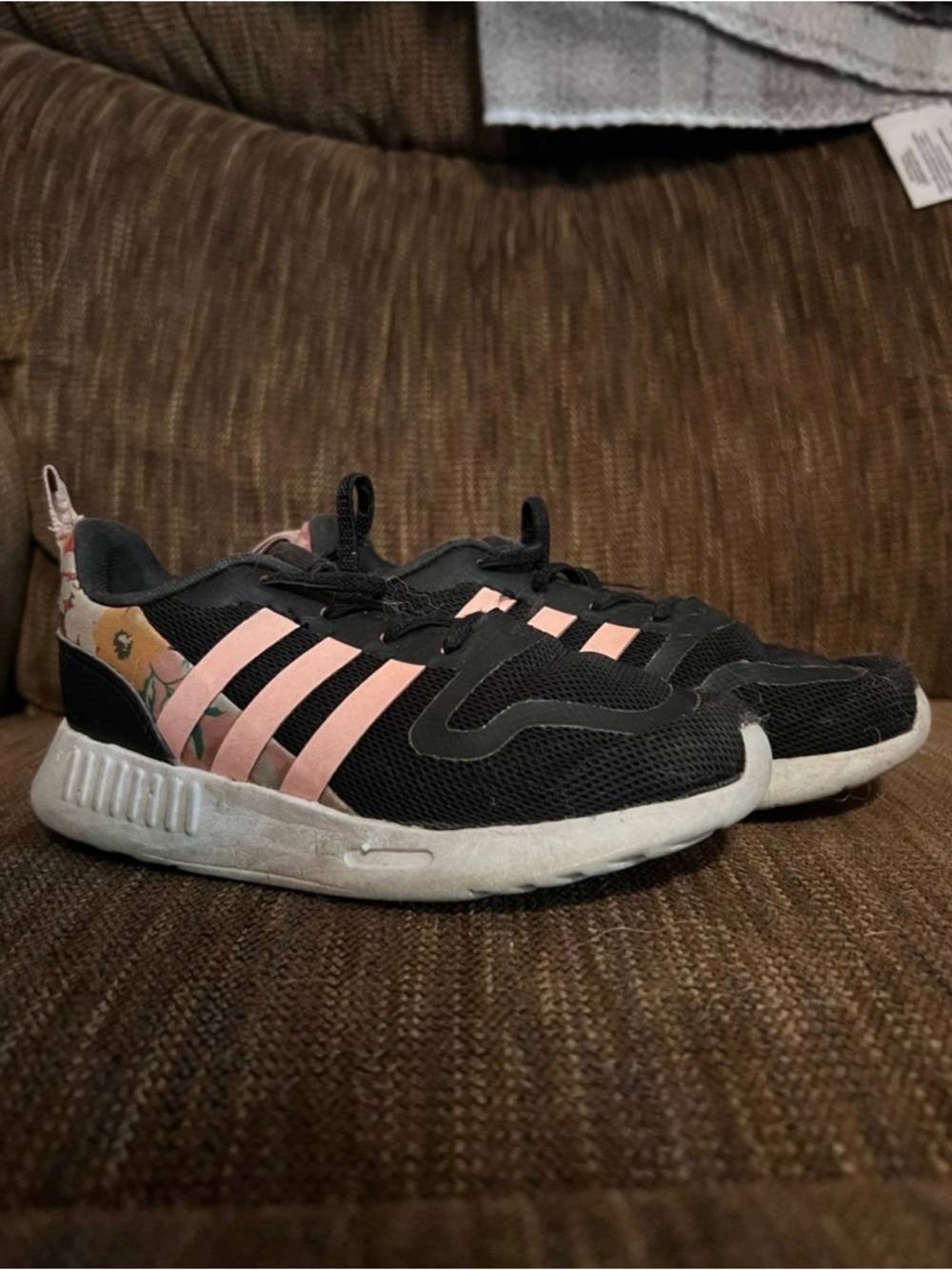 adidas Kids Black and Pink Floral Accent Sneakers